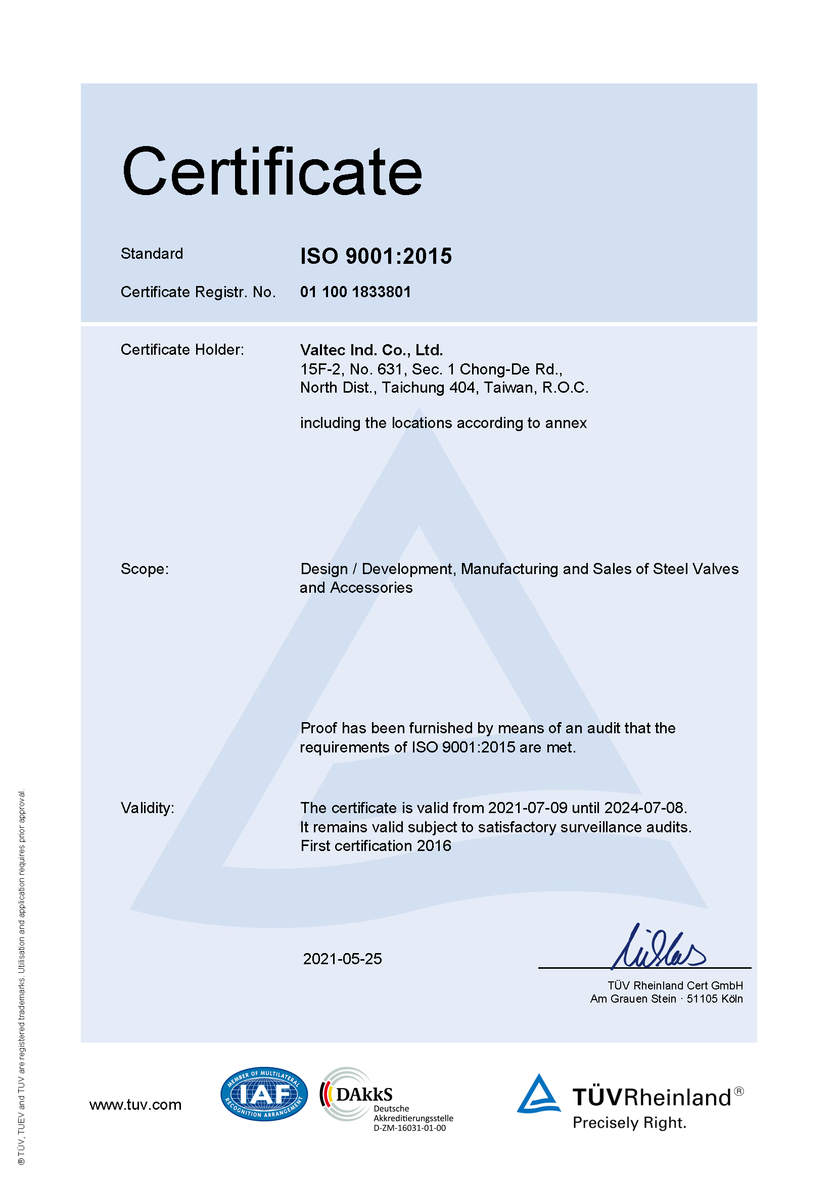 Valtec ISO-9001-2015 Certificate