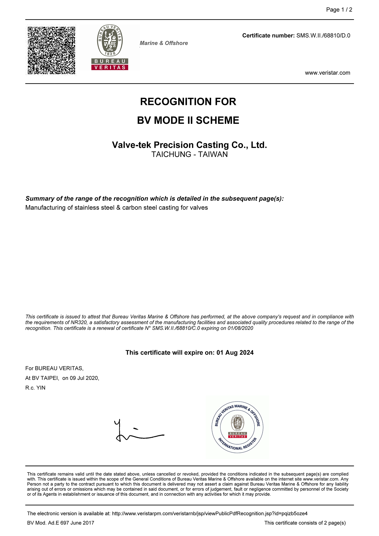 Valve-tek_BV (BUREAU VERITAS)Certificate